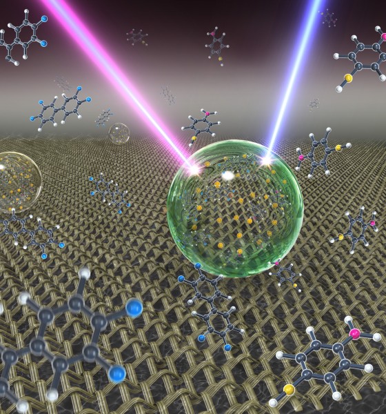 Artistic illustration showing an ultrasensitive detection platform termed slippery liquid infused porous surface-enhanced Raman scattering (SLIPSERS). In this platform, an aqueous or oil droplet containing gold nanoparticles and captured analytes is allowed to evaporate on a slippery substrate, leading to the formation of a highly compact nanoparticle aggregate for surface enhanced Raman scattering (SERS) detection. - Image Credit: 