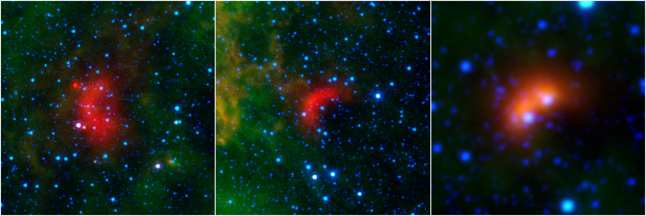 Bow shocks thought to mark the paths of massive, speeding stars are highlighted in these images from NASA's Spitzer Space Telescope and Wide-field infrared Survey Explorer, or WISE - Image Credits: NASA/JPL-Caltech/University of Wyoming