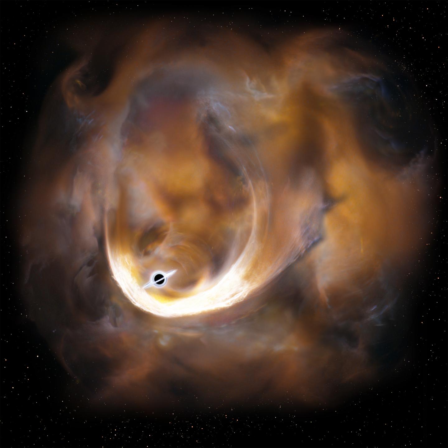Molecular clouds scattered by an intermediate black hole show very wide velocity dispersion. This scenario well explains the observational features of a peculiar molecular cloud CO-0.40-0.22. – Image Credit: Keio University