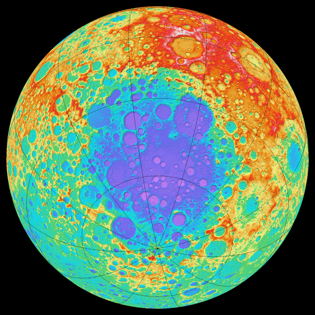 Colour-coded topography of part of the Moon, mostly the far side, seen from above the South Pole-Aitken basin. Blue is lowest, red is highest. - Image Credit: NASA
