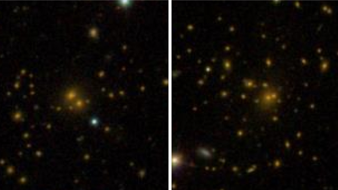 This comparison of galaxy clusters from the Sloan Digital Sky Survey DR8 galaxy catalog shows a spread-out cluster (left) and a more densely-packed cluster (right). A new study shows that these differences are related to the surrounding dark-matter environment. - Image Credit: Sloan Digital Sky Survey