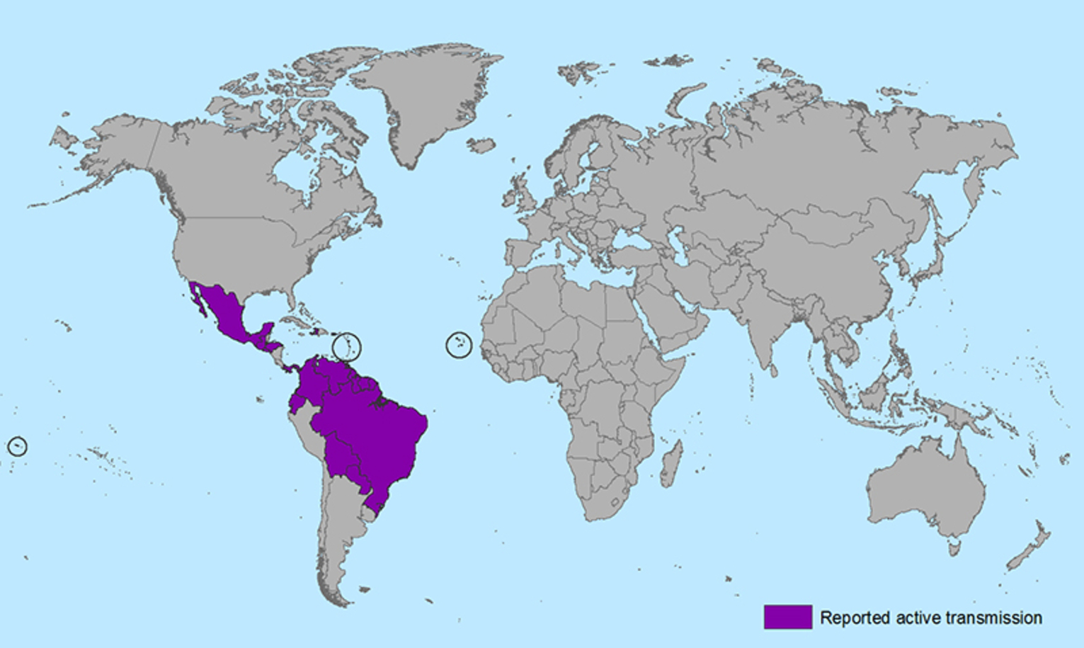 Countries and territories with active Zika virus transmission. - Image Credit: Centers for Disease Control and Prevention