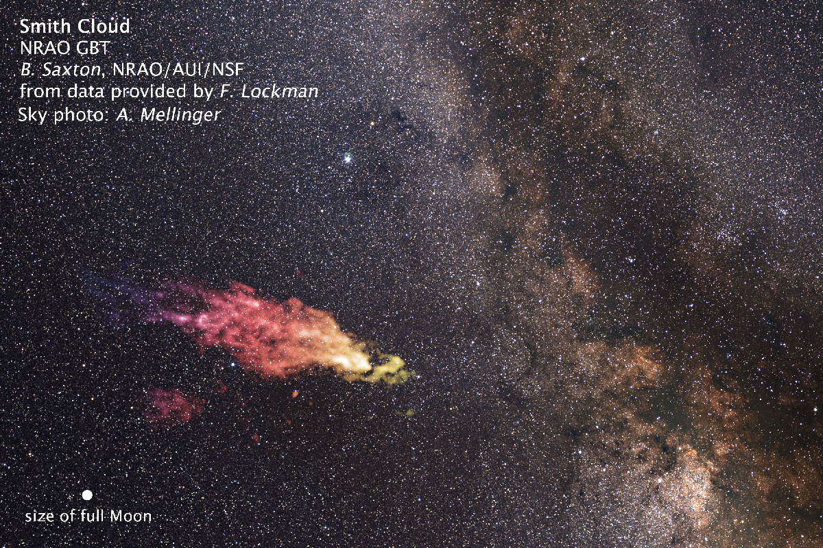 This composite image shows the size and location of the Smith Cloud on the sky. The cloud appears in false-color, radio wavelengths as observed by the Green Bank Telescope in West Virginia. The visible-light image of the background star field shows the cloud's location in the direction of the constellation Aquila. – Image Credits: Saxton/Lockman/NRAO/AUI/NSF/Mellinger