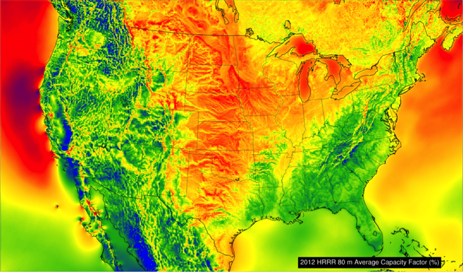 Wind power potential estimates for the U.S. Red indicates high potential, blue is low. - Image Credit: Chris Clack / CIRES, Author provided