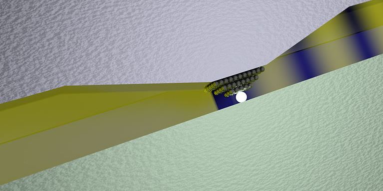 The switch is based on the voltage-induced displacement of one or more silver atoms in the narrow gap between a silver and a platinum plate. (Illustration: Alexandros Emboras / ETH Zurich)