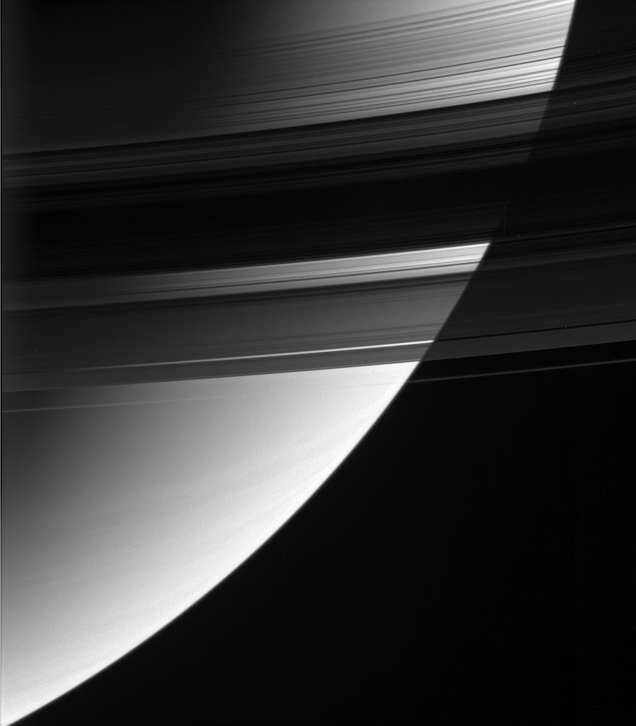 Some parts of Saturn's B ring are up to 10 times more opaque than the neighboring A ring, but the B ring may weigh in at only two to three times the A ring's mass. – Image Credits: NASA/JPL-Caltech/Space Science Institute
