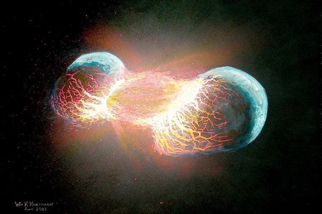 The extremely similar chemical composition of rocks on the Earth and moon helped scientists determine that a head-on collision, not a glancing blow, took place between Earth and Theia. - Image Credit: William K. Hartmann