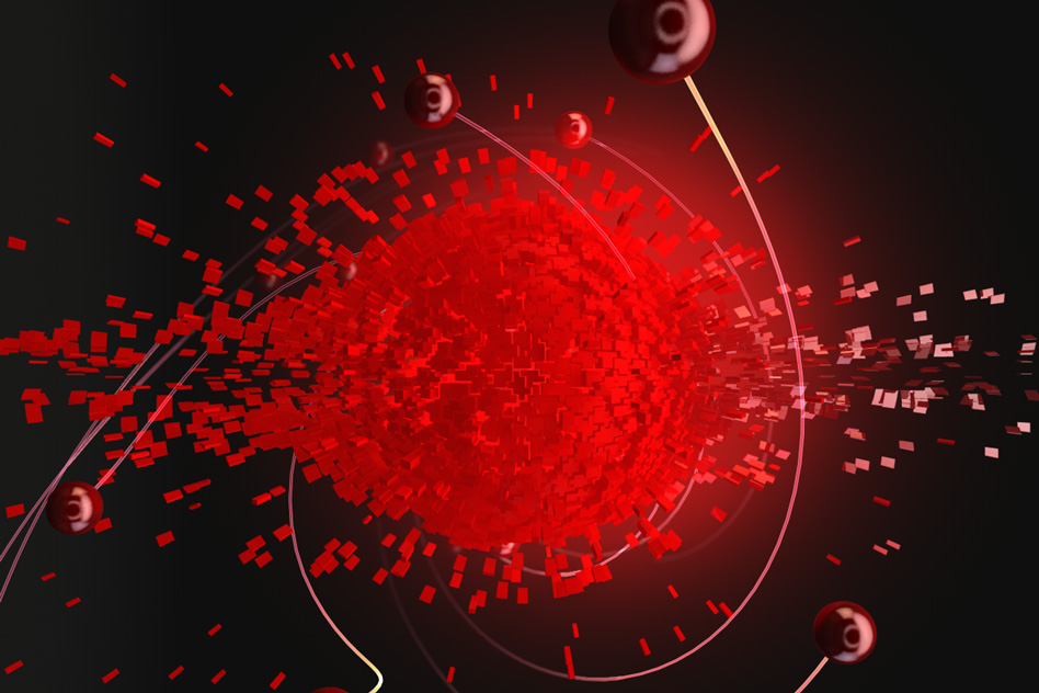 In this image, the middle "explosion" is a cloud of hot electrons, inside graphene, that bounce off one another as they reach equilibrium and spread out. The red spheres are those electrons that are energetic enough to escape the hot cloud in less than 30 femtoseconds and generate an electric current. MIT researchers have developed a technique to access and control these ultrafast processes. - Image Credit: Ella Marushohenko (Ella Maru studio)