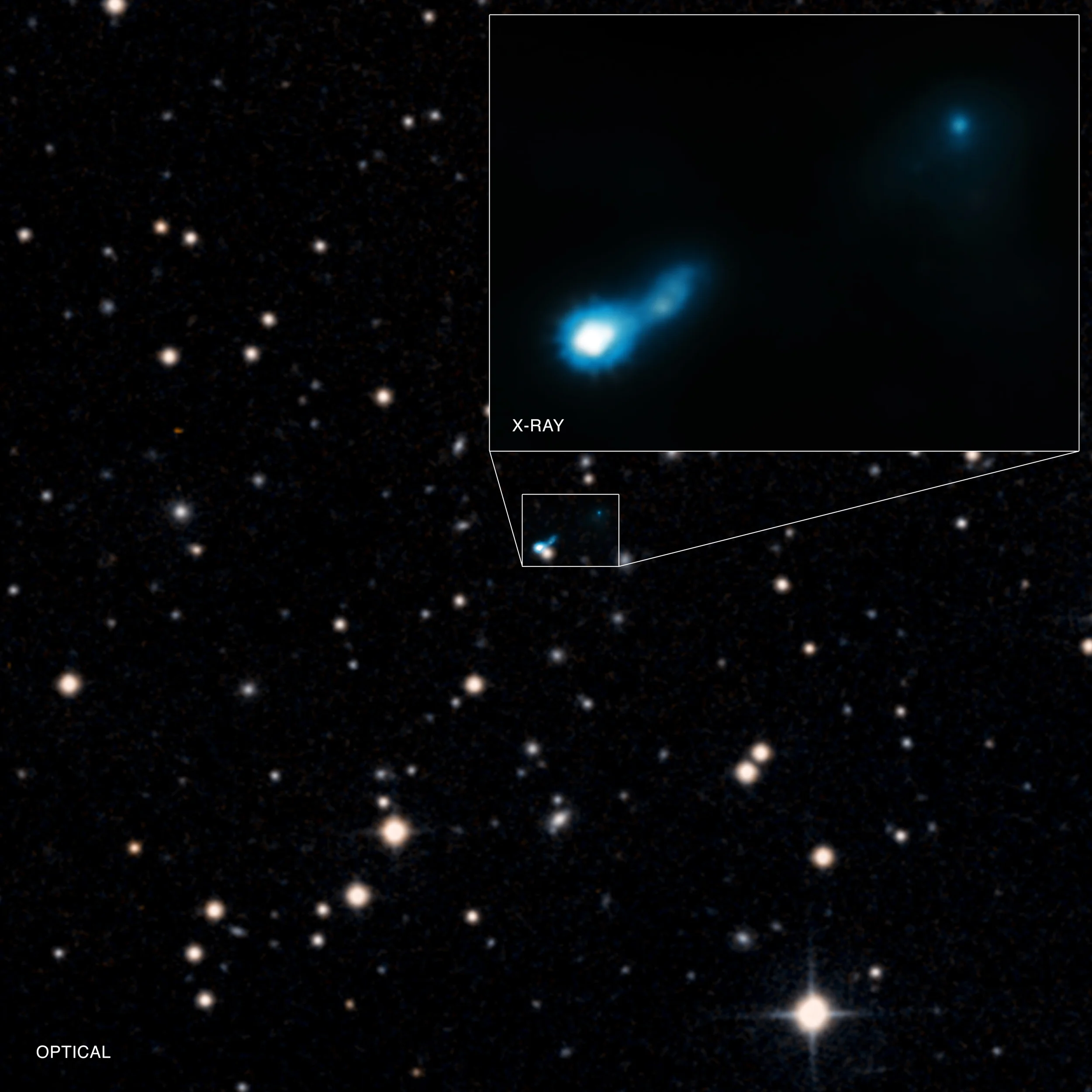 Extended X-ray jet associated with quasar B3 0727+409 - Image Credits: X-ray: NASA/CXC/ISAS/A. Simionescu et al, Optical: DSS