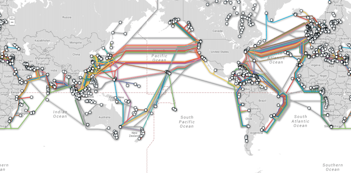 Cables crisscross the oceans carrying your internet info. Telegeography Submarine Cable Map