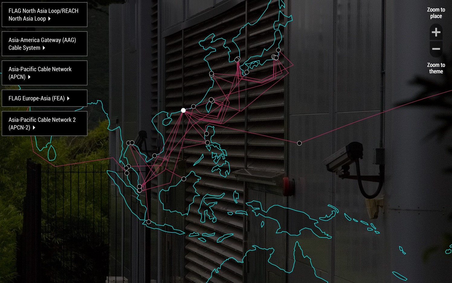 Surfacing.in is an interactive platform developed by Erik Loyer and the author that lets users navigate the transpacific cable network.