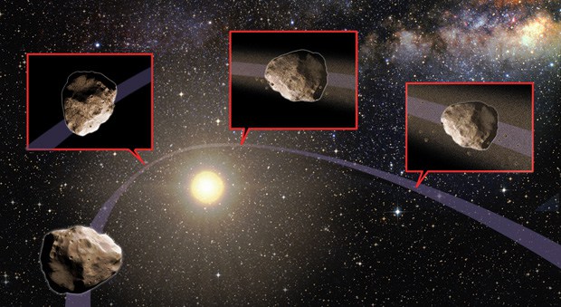 Artist’s impression. An asteroid’s orbit is altered as it passes close to Jupiter, Earth or Venus, such that its new orbit takes it near the Sun. The intense heat from the Sun causes the asteroid’s surface to expand and fracture, and some of the material breaks off. As the surface material disintegrates, it creates dust and pebbles that spread out along the asteroid’s orbit with time. If the orbit of the dust and pebbles ever intersects Earth, it can create a meteor shower. Art by Karen Teramura. - Image Credit: Karen Teramura