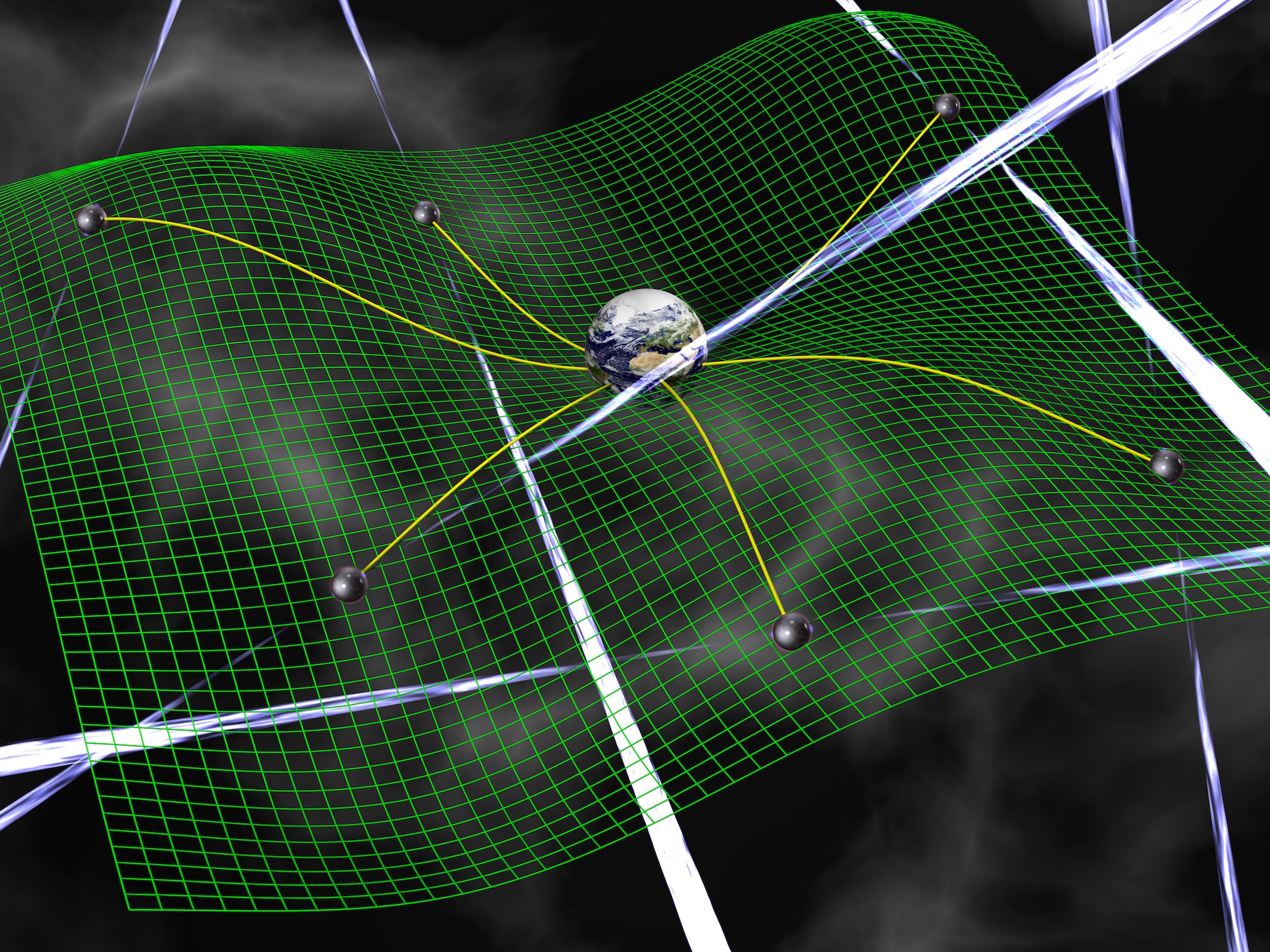 Gravitational waves are ripples in space-time, represented by the green grid, produced by accelerating bodies such as interacting supermassive black holes. These waves affect the time it takes for radio signals from pulsars to arrive at Earth. - Image Credits: David Champion