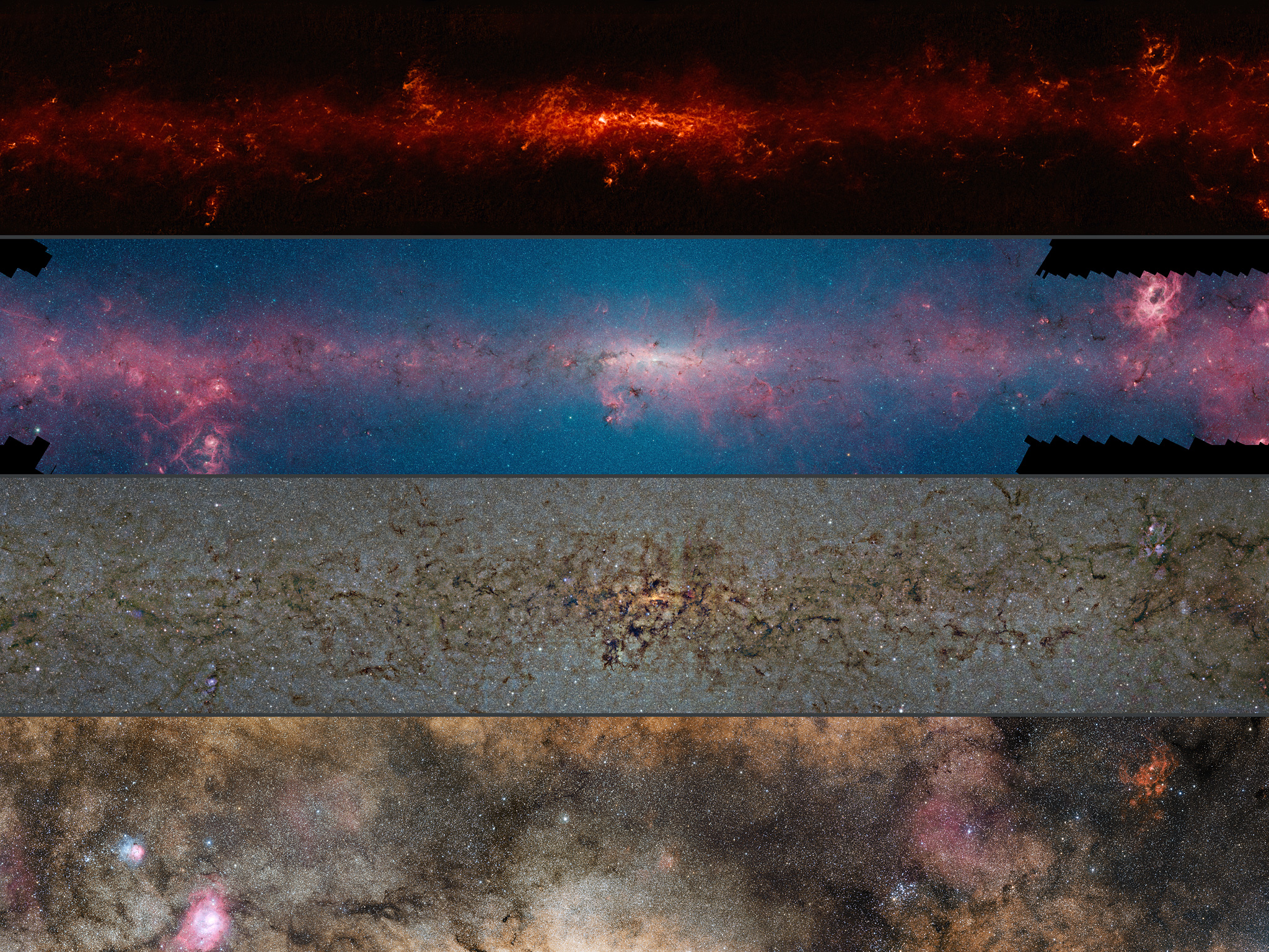 This comparison shows the central regions of the Milky Way observed at different wavelengths. The top panel shows compact sources of submillimetre radiation detected by APEX as part of the ATLASGAL survey, combined with complementary data from ESA’s Planck satellite, to capture more extended features. The second panel shows the same region as seen in shorter, infrared, wavelengths by the NASA Spitzer Space Telescope. The third panel shows the same part of sky again at even shorter wavelengths, the near-infrared, as seen by ESO’s VISTA infrared survey telescope at the Paranal Observatory in Chile. Regions appearing as dark dust tendrils here show up brightly in the ATLASGAL view. Finally the bottom picture shows the more familiar view in visible light, where most of the more distant structures are hidden from view. The significance of the colours varies from image to image and they cannot be directly compared. - Credit: ESO/ATLASGAL consortium/NASA/GLIMPSE consortium/VVV Survey/ESA/Planck/D. Minniti/S. Guisard - Acknowledgement: Ignacio Toledo, Martin Kornmesser