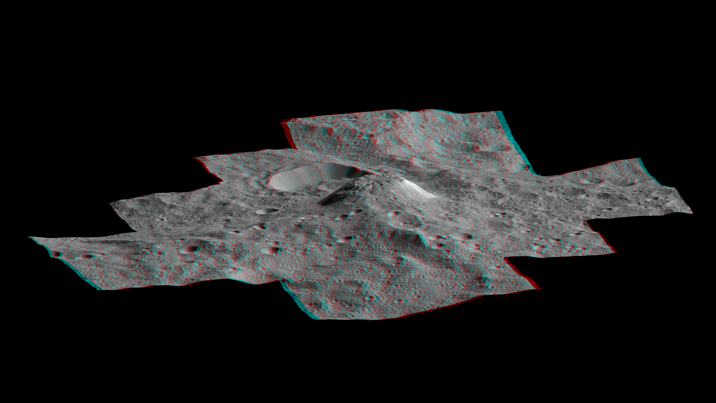 This side-perspective view of the mysterious mountain Ahuna Mons in 3D was made with images from NASA's Dawn spacecraft. - Image Credits: NASA/JPL-Caltech/UCLA/MPS/DLR/IDA