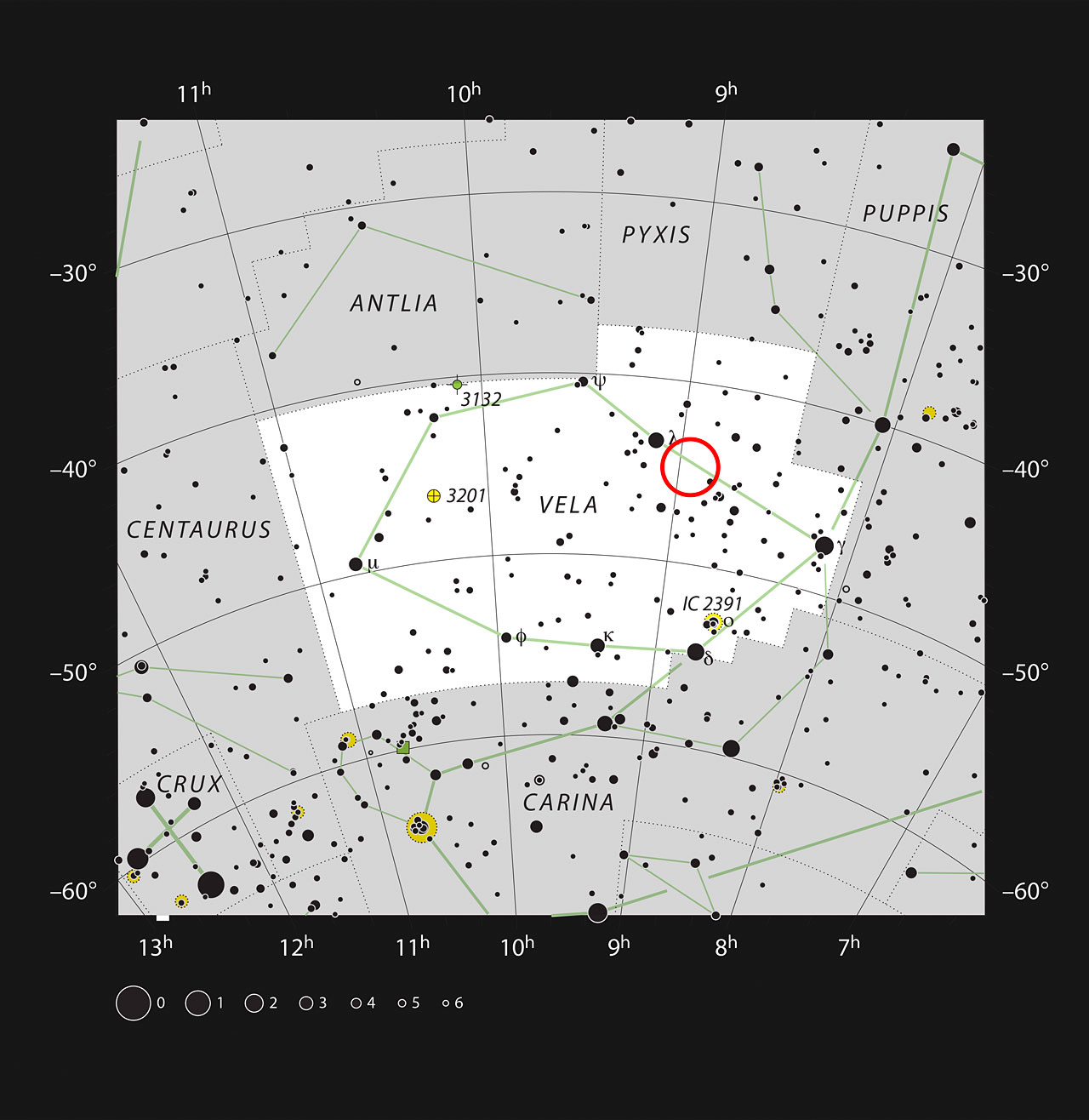 This chart shows the location of the aging double star IRAS 08544-4431 in the constellation of Vela (The Sails). All stars visible to the naked eye on a dark and clear night are shown. This star is visible with a small telescope as an unremarkable single faint point of light. - Image Credit: ESO/IAU and Sky & Telescope