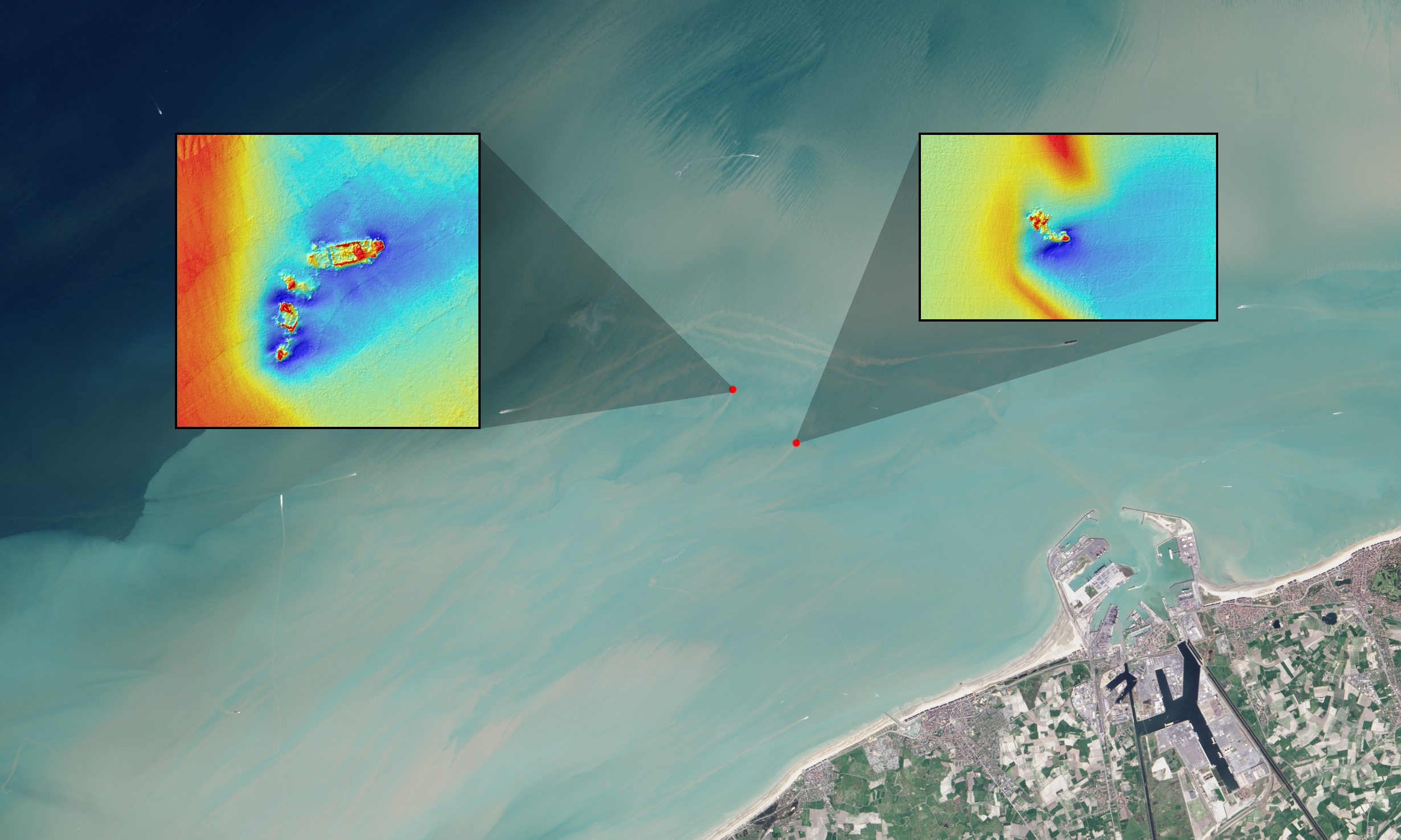 In this natural color Landsat OLI image, long sediment plumes extend from the wreck sites of the SS Sansip and SS Samvurn. Insets show elevation models (created by a multibeam echosounder) of the wrecks on the seafloor. - Image Credits: NASA/USGS Landsat/Jesse Allen/NASA Earth Observatory/Matthias Baeye et al