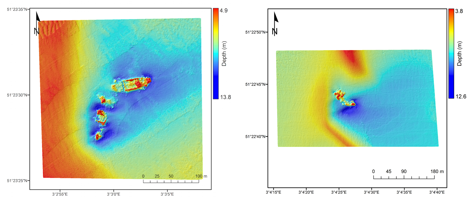 Elevation models show the SS Sansip (left) and the SS Samvurn (right) as imaged by a multibeam echosounder. Both of these ships leave sediment plumes detectable by Landsat 8 during ebb and flood tides. - Image Credit: Matthias Baeye et al