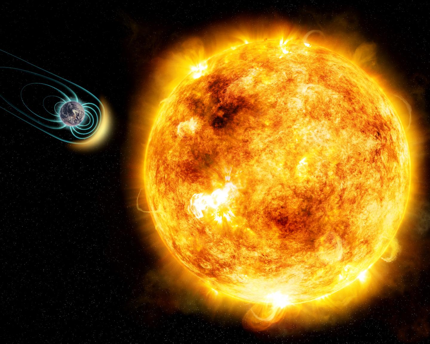 In this artist's illustration, the young Sun-like star Kappa Ceti is blotched with large starspots, a sign of its high level of magnetic activity. New research shows that its stellar wind is 50 times stronger than our Sun's. As a result, any Earth-like planet would need a magnetic field in order to protect its atmosphere and be habitable. The physical sizes of the star and planet and distance between them are not to scale. - Image Credit: M. Weiss/CfA