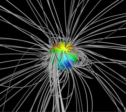 This computer model shows the magnetic field lines of the star Kappa Ceti as gray lines looping out from the star's surface. This young, Sun-like star generates a stellar wind 50 times stronger than our Sun's. As a result, any potentially habitable planet would need a magnetic field to protect its atmosphere. - Image Credit: CfA / Do Nascimento et. al and TCD / A. Vidotto
