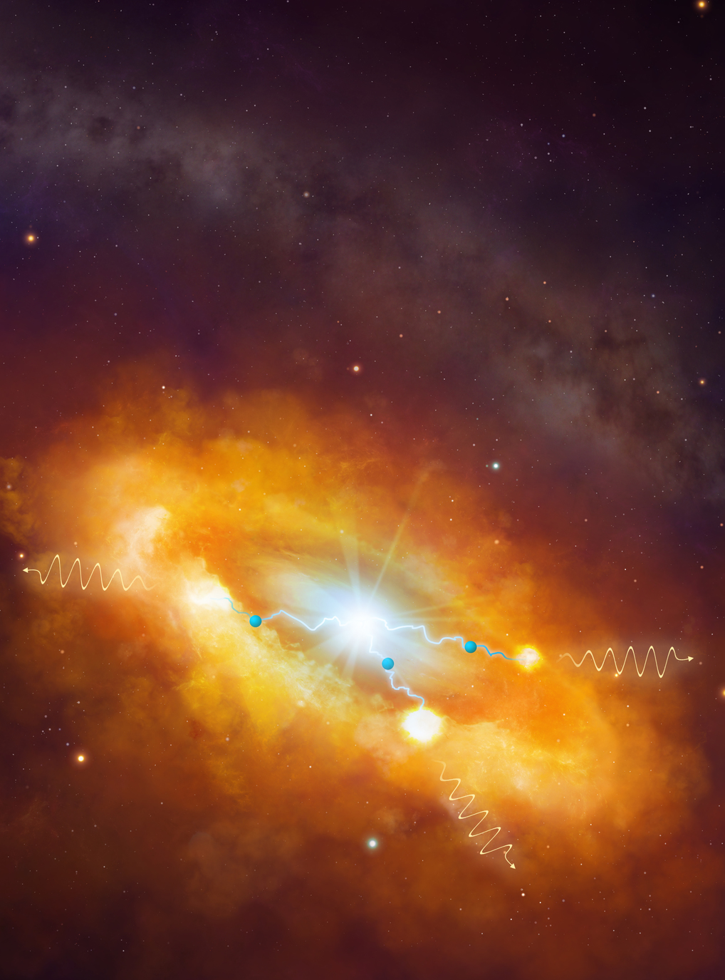 Artist’s impression of our Milky Way’s central region. Cosmic-rays (blue dots) are streaming out of the central black hole region. They then create the gamma-ray signal (yellow wavy lines) we see via interaction with the surrounding gas clouds. - Image Credit: Dr Mark A Garlick/ HESS Collaboration, Author provided
