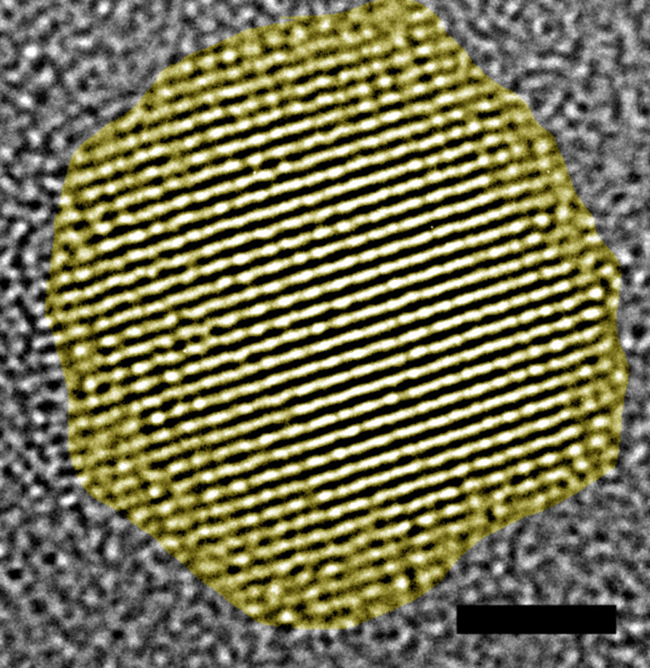 A quantum dot: A high-resolution transmission electron micrograph of cadmium telluride nanoparticles. (The scale bar in the lower right is 2 nanometers long, or two millionths of a millimeter.) - Image Credit: Nagpal Group, University of Colorado, CC BY-ND