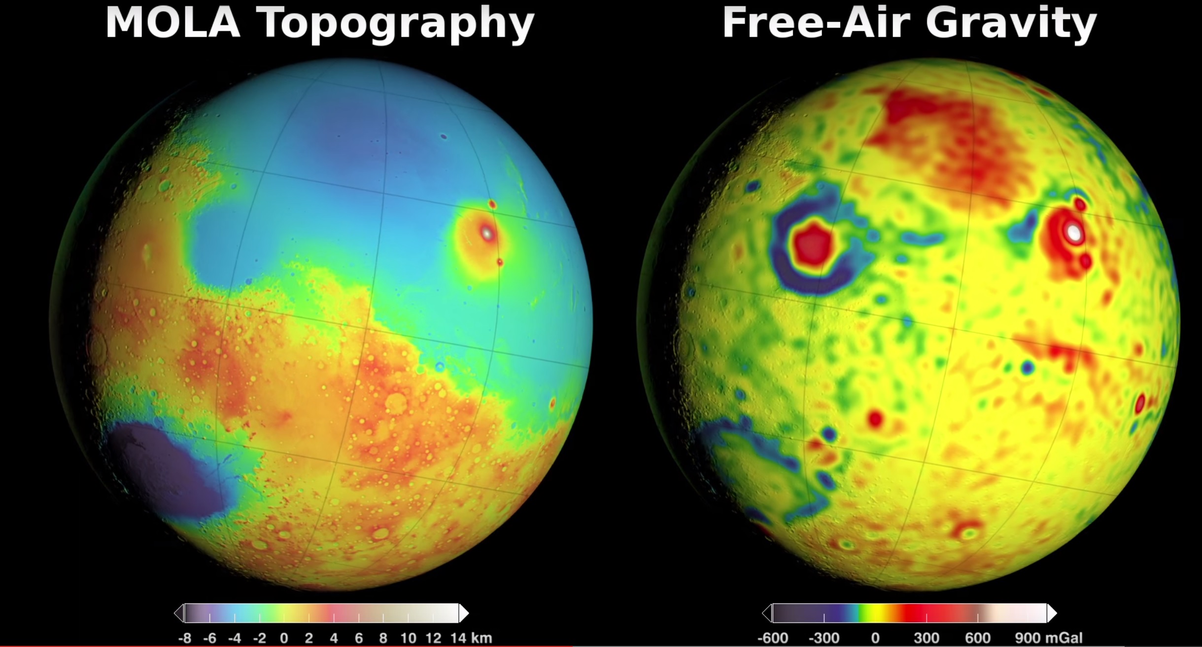 Scientists have used small fluctuations in the orbits of three NASA spacecraft to map the gravity field of Mars. - Image Credits: NASA/GSFC/Scientific Visualization Studio