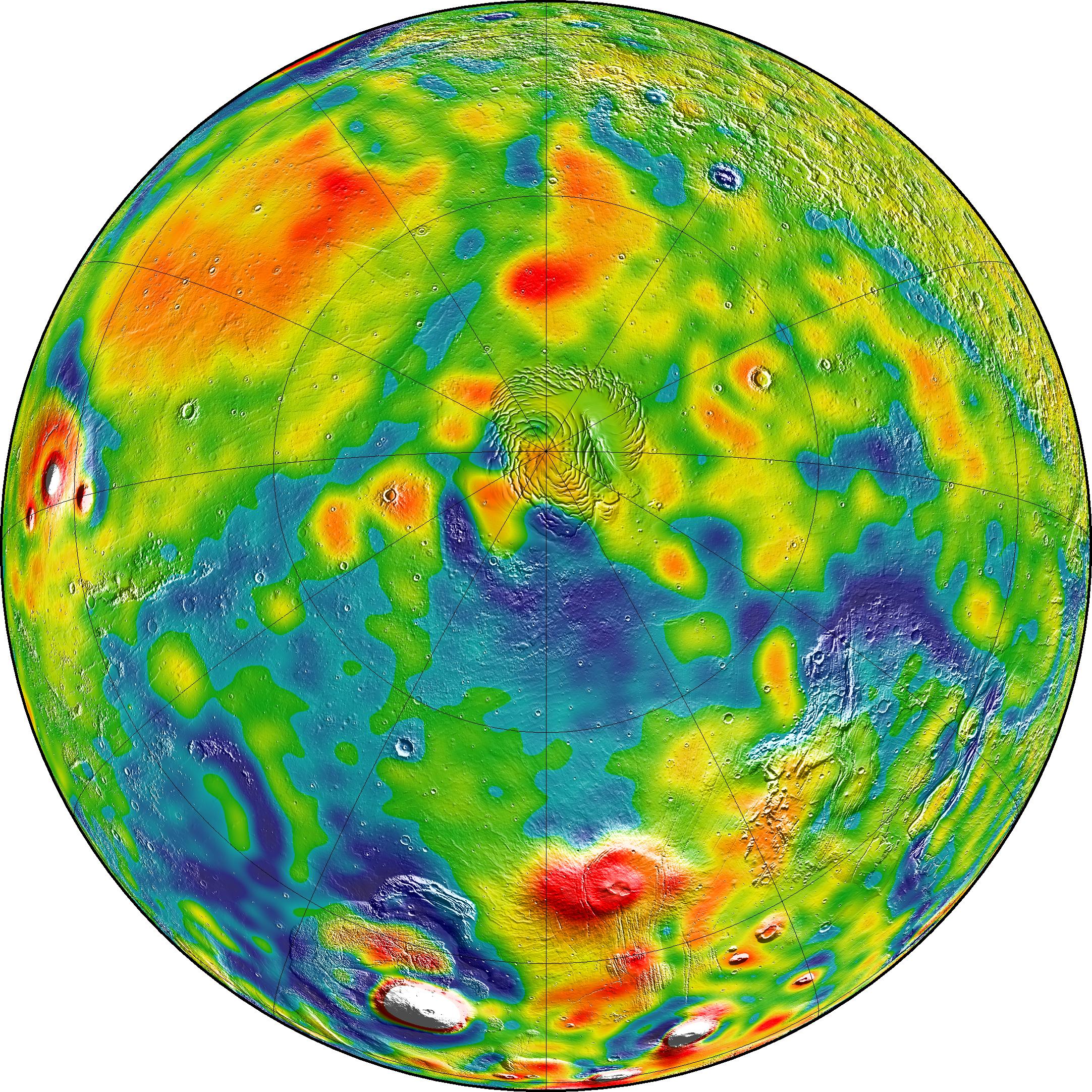 A map of Martian gravity looking down on the North Pole (center). White and red are areas of higher gravity; blue indicates areas of lower gravity. - Image Credits: MIT/UMBC-CRESST/GSFC