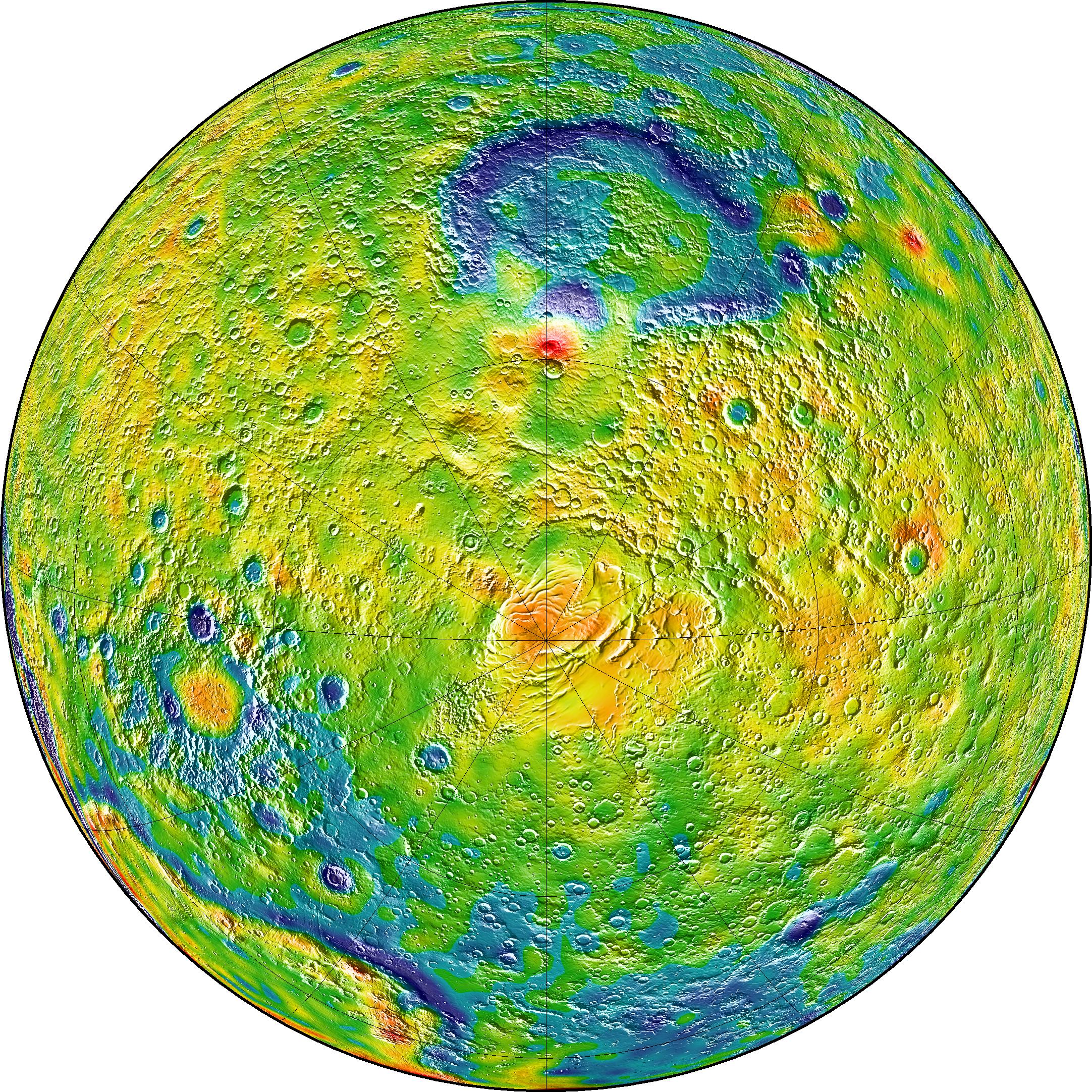 A map of Martian gravity looking down at the South Pole (center). White and red are areas of higher gravity; blue indicates areas of lower gravity. - Image Credits: MIT/UMBC-CRESST/GSFC