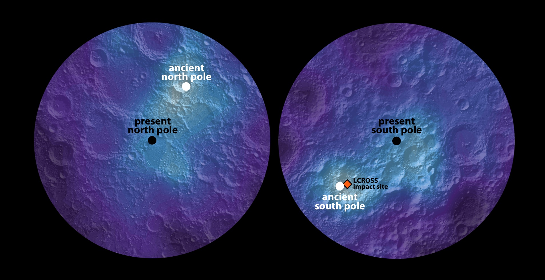 Maps of lunar polar hydrogen (proxy for water ice). White dots mark maximum abundance. - Image Credit: James Keane, University of Arizona; Richard Miller, University of Alabama at Huntsville