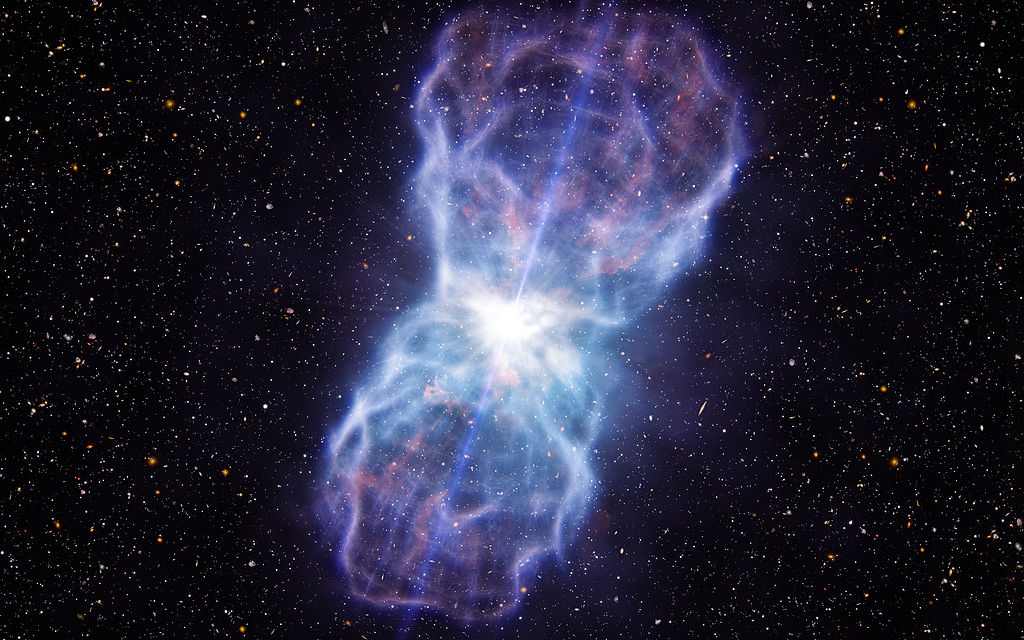 An artist’s rendering of black hole winds, which is the matter blown away by the heat and light of the quasar. - Image Credit: Courtesy of European Southern Observatory (via Wikimedia)