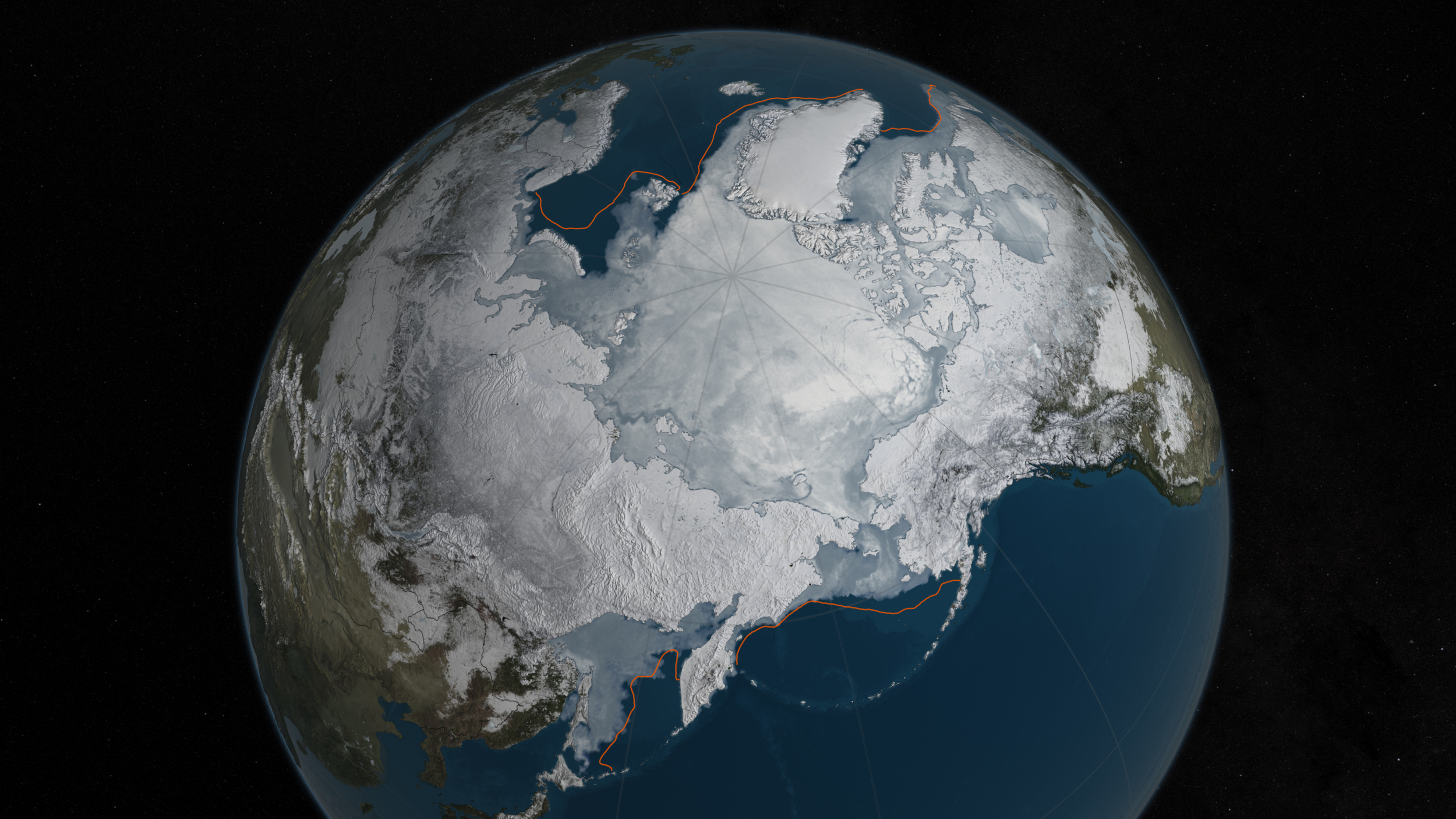 Arctic sea ice was at a record low wintertime maximum extent for the second straight year. At 5.607 million square miles, it is the lowest maximum extent in the satellite record, and 431,000 square miles below the 1981 to 2010 average maximum extent. - Image Credits: NASA Goddard's Scientific Visualization Studio/C. Starr