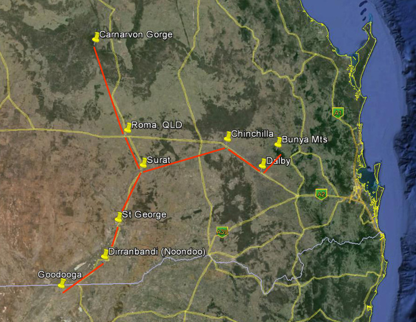 Carnarvon Gorge and Bunya Mts star maps overlaid on road map. - Image Credit: Google Earth
