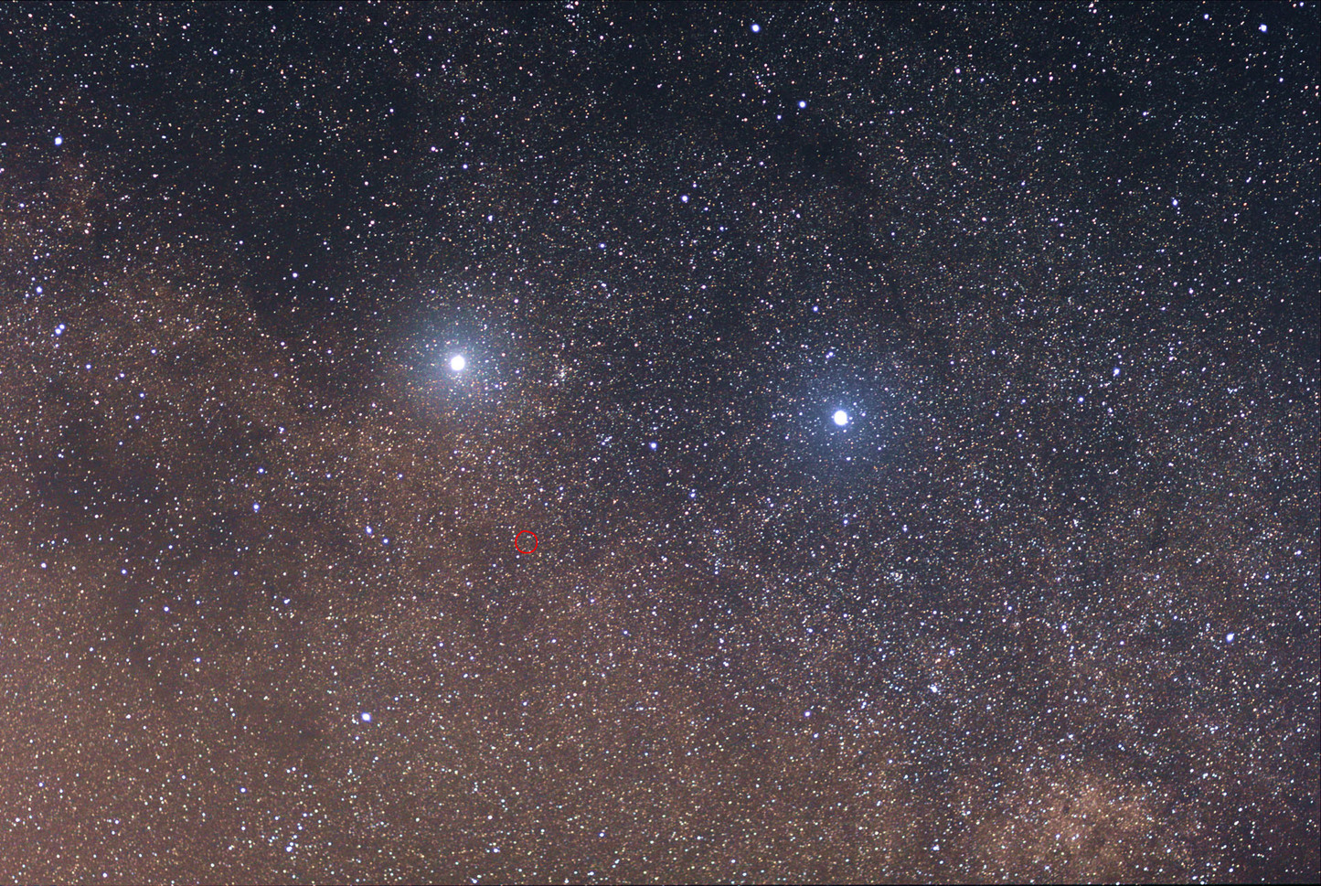 Alpha Centauri (the left-hand bright star), and Proxima Centauri (circled) are the closest stars to the sun. Beta Centauri (right-hand bright star) is almost a hundred times farther away. - Image Credit: Skatebiker/ Wikipedia, CC BY-SA
