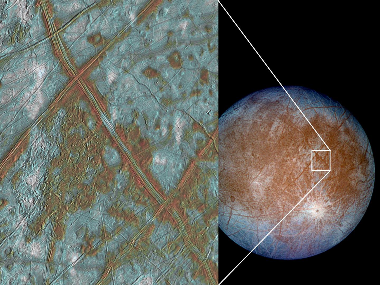 As the moon Europa's icy shell is pushed and pulled by Jupiter's gravity, it heaves up and down. That process creates enough heat, scientists think, to create a global subsurface ocean on Europa. Experiments by Brown University researchers suggests that this heating process, known as tidal dissipation, creates more heat in ice that scientists have generally assumed. The insight could help scientists model the thickness of Europa's icy shell. – Image Credit: NASA/JPL
