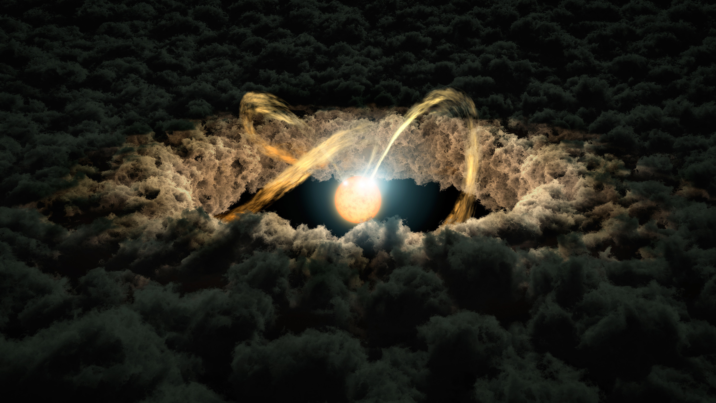 This illustration shows a star surrounded by a protoplanetary disk. Material from the thick disk flows along the star’s magnetic field lines and is deposited onto the star’s surface. When material hits the star, it lights up brightly. – Image Credits: NASA/JPL-Caltech