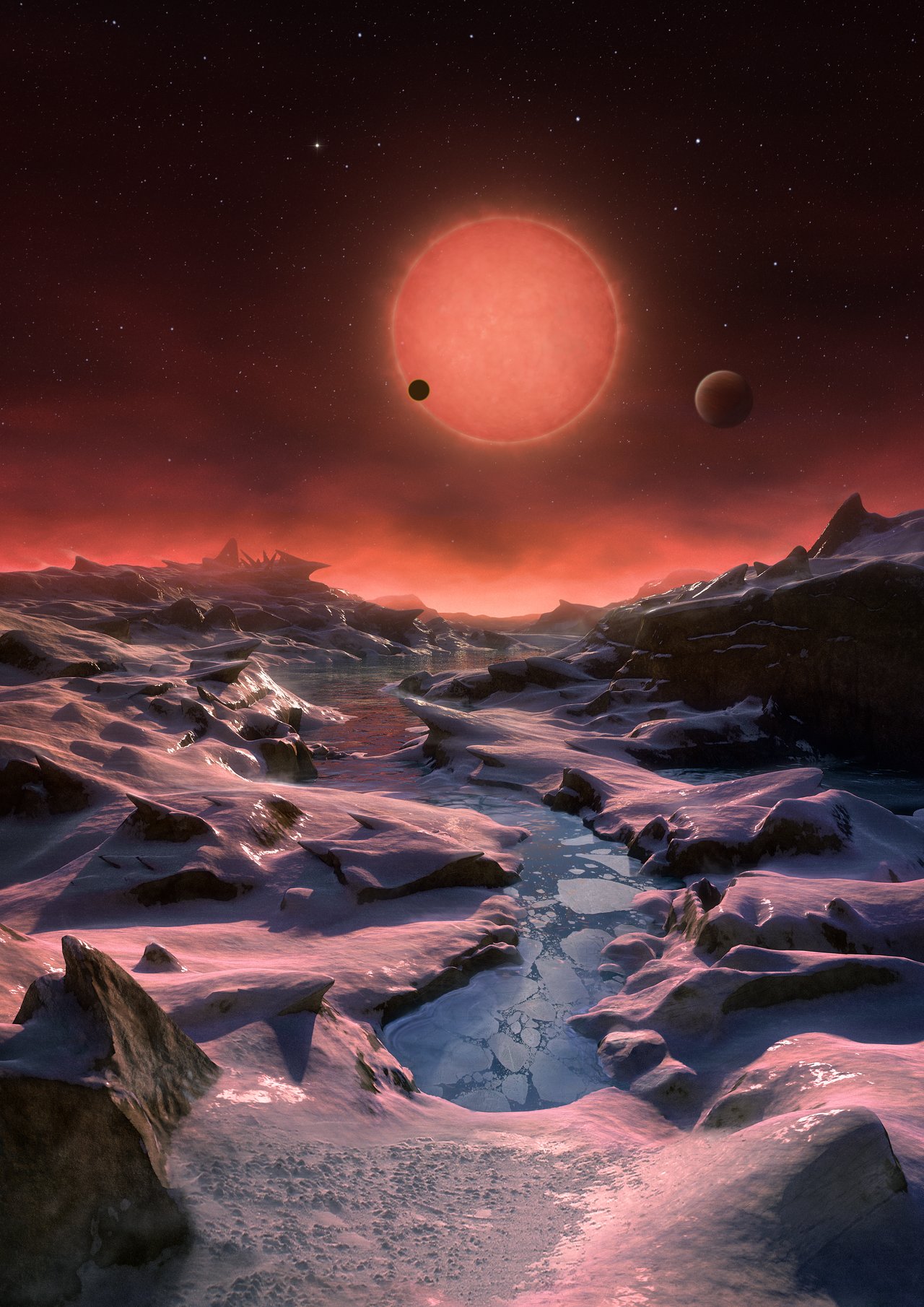Artist’s impression of the ultracool dwarf star TRAPPIST-1 from the surface of one of its planets - Image Credit: ESO/M. Kornmesser