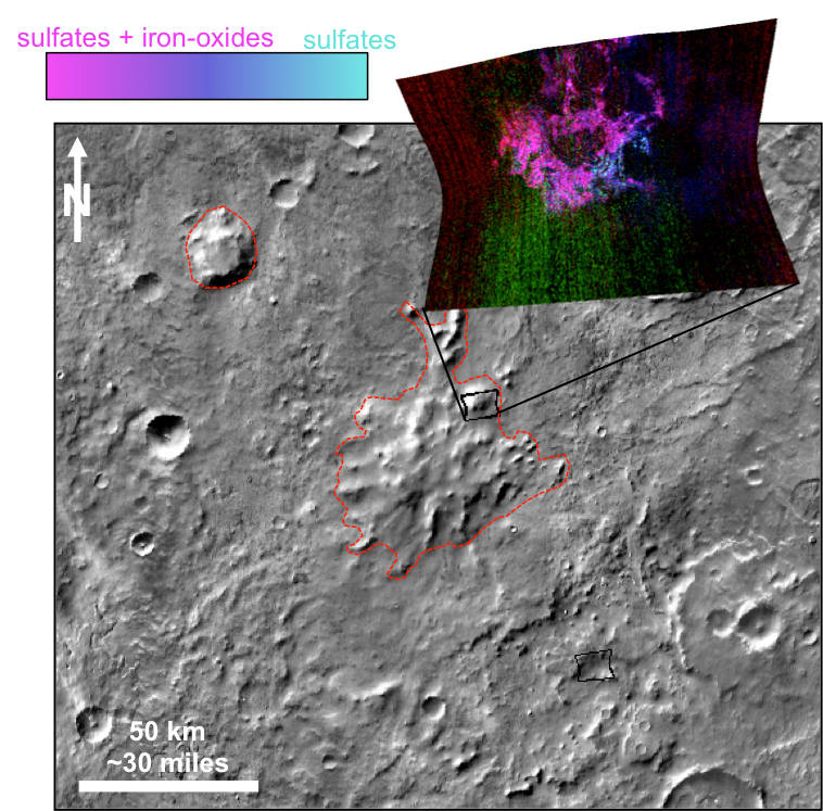 This graphic illustrates where Mars mineral-mapping from orbit has detected minerals that can indicate where a volcano erupted beneath an ice sheet. The site is far from any ice sheet on modern Mars, in an area where unusual shapes have been interpreted as a possible result of volcanism under ice. - Image Credits: NASA/JPL-Caltech/JHUAPL/ASU
