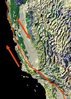 Map of the San Andreas Fault, showing relative motion. - Image Credit: USGS PD