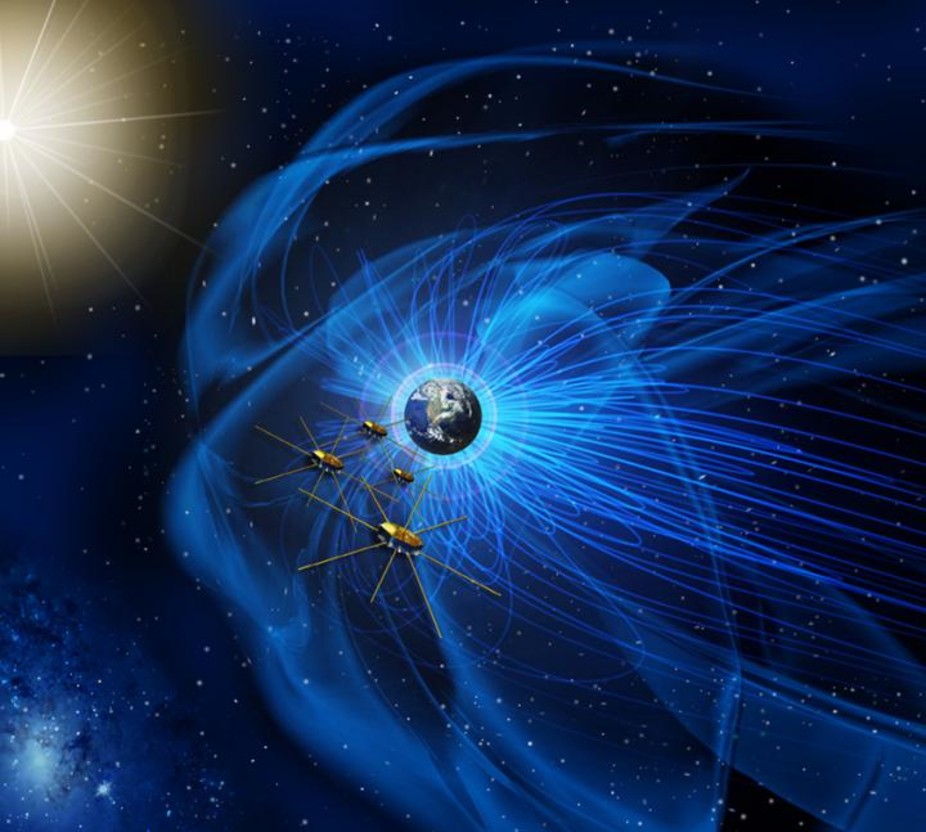 Four identical NASA spacecraft fly near the sun-facing boundary of Earth’s magnetic field (the blue wavy lines). – Image Credit: NASA