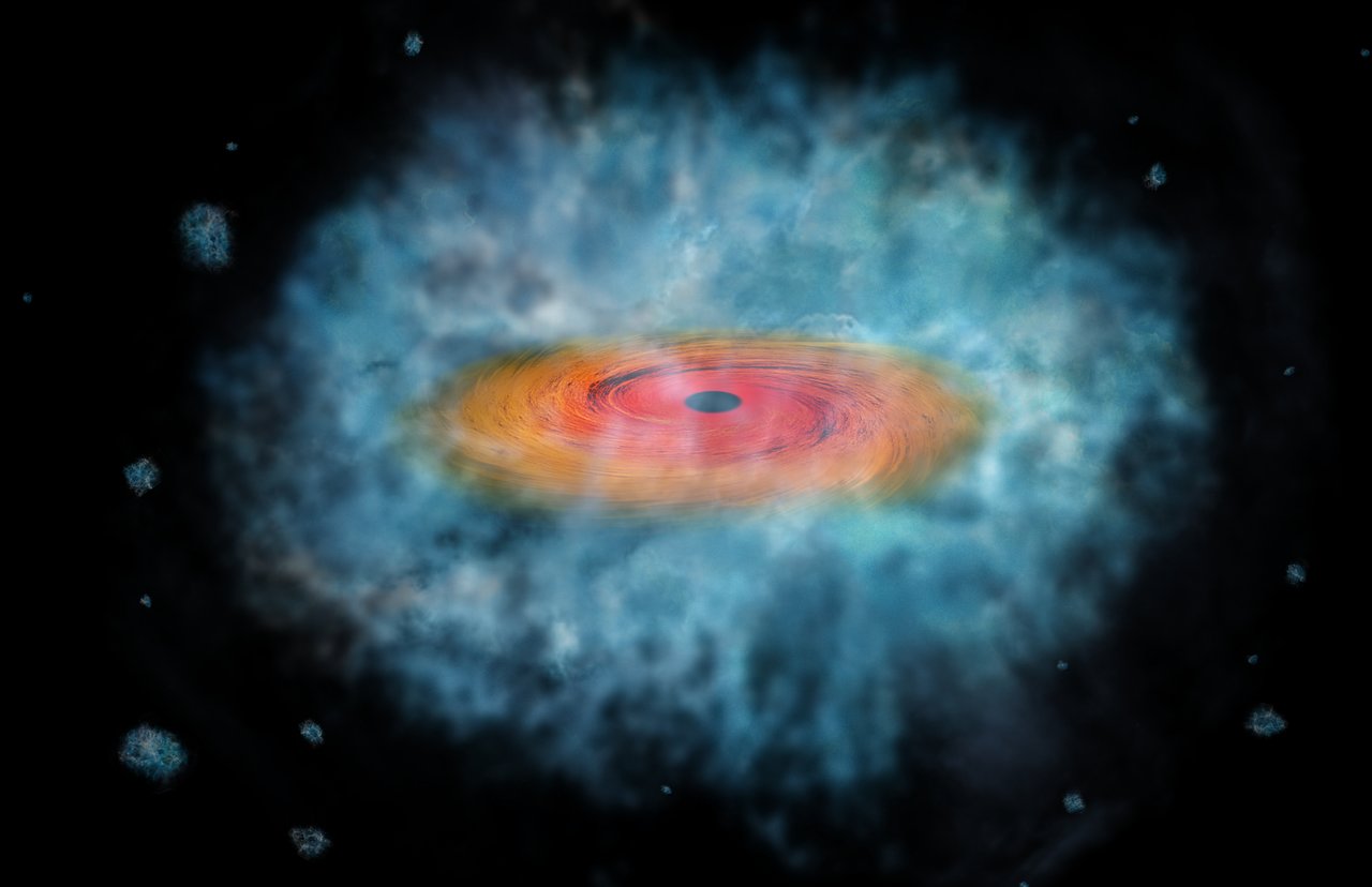 This artist’s impression shows a possible seed for the formation of a supermassive black hole. Two of these possible seeds were discovered by an Italian team, using three space telescopes: the NASA Chandra X-ray Observatory , the NASA/ESA Hubble Space Telescope , and the NASA Spitzer Space Telescope . – Image Credit: NASA/CXC/M. Weiss