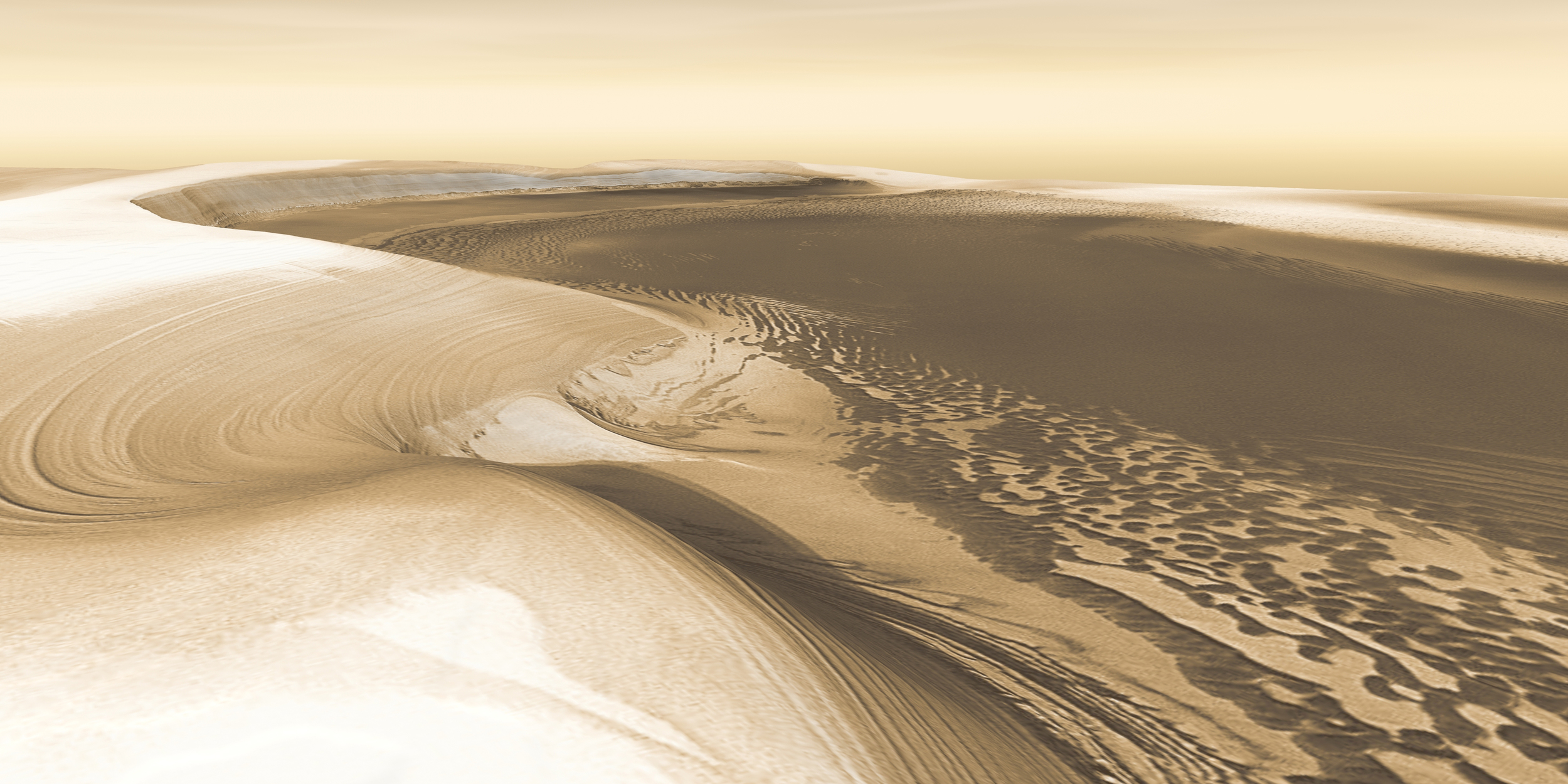 Climatic cycles of ice and dust build the Martian polar caps, season by season, year by year, and periodically whittle down their size when the climate changes. This image is a simulated 3-D perspective view, created from image data taken by the THEMIS instrument on NASA's Mars Odyssey spacecraft - Image Credits: NASA/JPL/Arizona State University, R. Luk