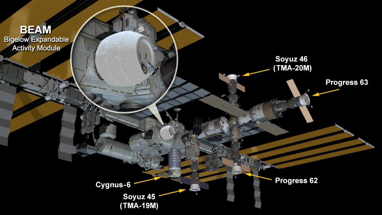 The space station now hosts the new fully expanded and pressurized Bigelow Expandable Activity Module attached to the Tranquility module. – Image Credit: NASA