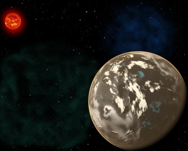 In this artist's conception, a carbon planet orbits a sunlike star in the early universe. Young planetary systems lacking heavy chemical elements but relatively rich in carbon could form worlds made of graphite, carbides and diamond rather than Earth-like silicate rocks. Blue patches show where water has pooled on the planet's surface, forming potential habitats for alien life. - Credit: Christine Pulliam (CfA). Sun image: NASA/SDO