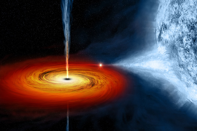 An artist's drawing a black hole named Cygnus X-1. It formed when a large star caved in. This black hole pulls matter from the blue star beside it. – Image Credit: M.Weiss/NASA/CXC
