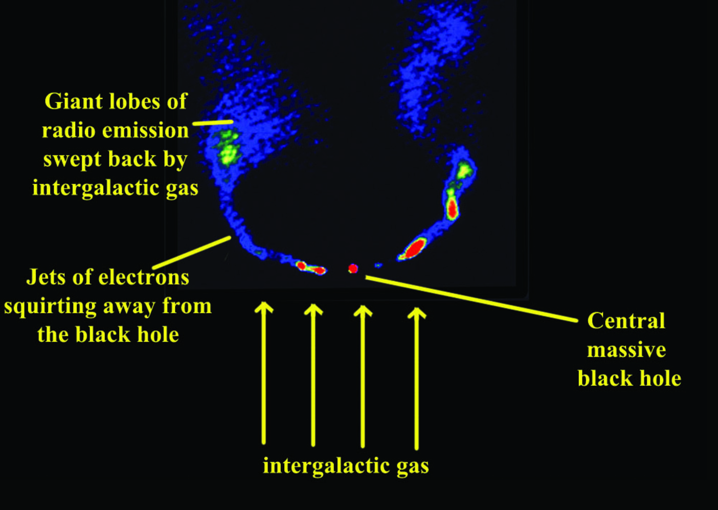 A C-shaped ‘wide angle tail galaxy’, showing the jets blown back as the galaxy flies through the intergalactic gas. Diagram by the author, based on image from National Radio Astronomy Observatory. Associated Universities, Inc, Author provided