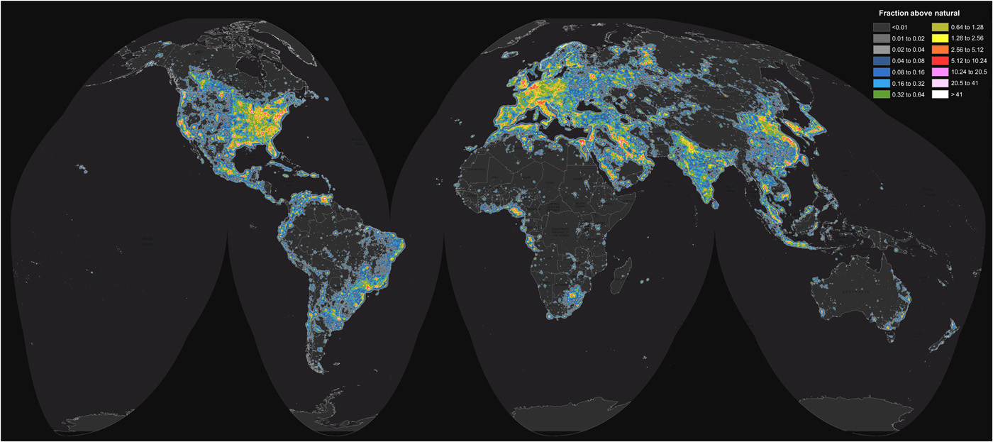 World map of artificial sky brightness. - Image Credit: F. Falchi, et al. Science Advances (2016) , CC BY-NC