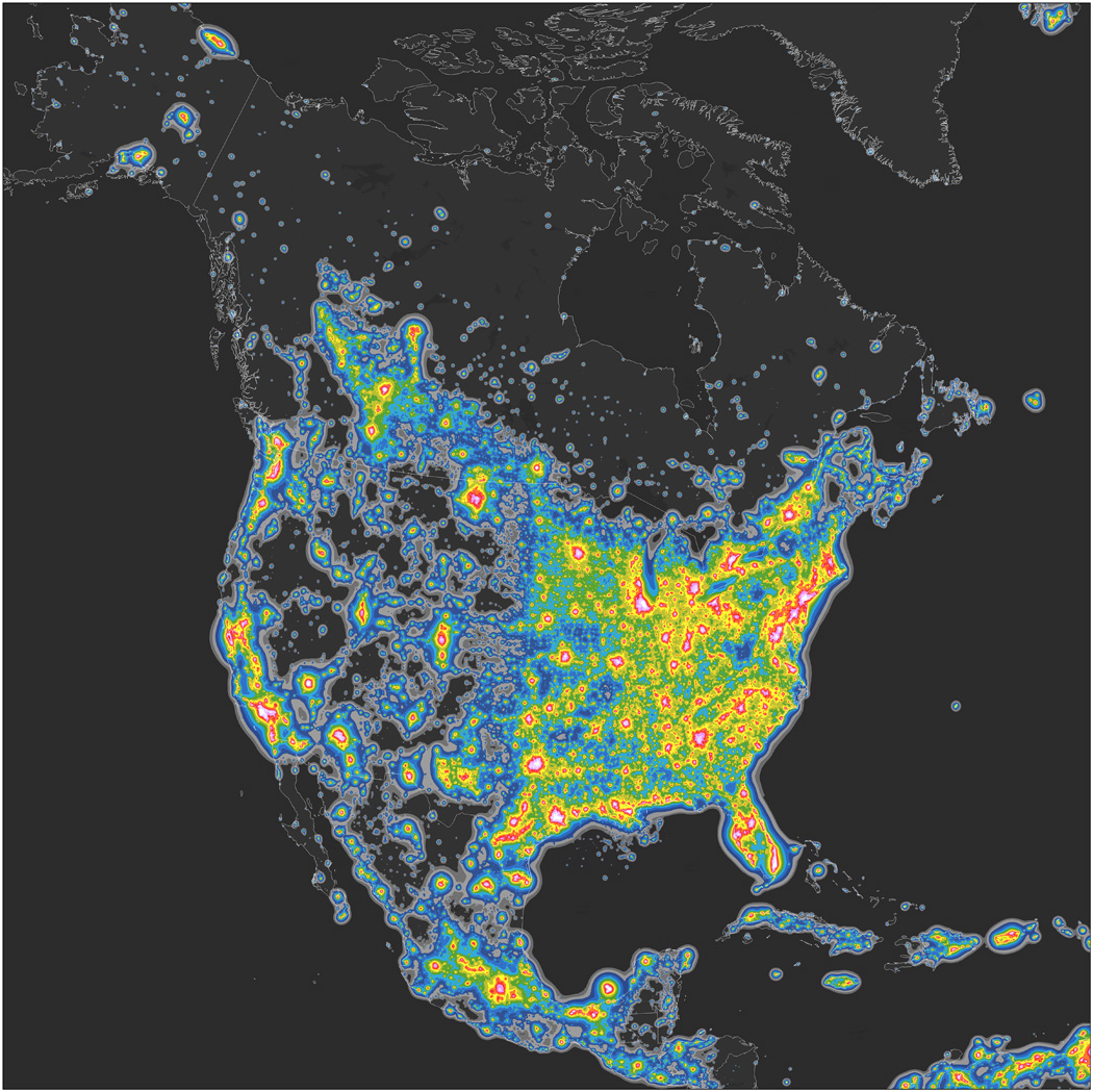 Map of North America’s artificial sky brightness, in twofold increasing steps, as a ratio to the natural sky brightness. - Image Credit: Falchi et al., Science Advances (2016) , CC BY-NC