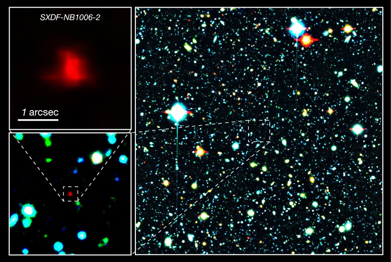 Right panel: The red galaxy at the center of the image is the very distant galaxy, SXDF-NB1006-2. Left panels: Close-ups of the distant galaxy. - Credit: NAOJ