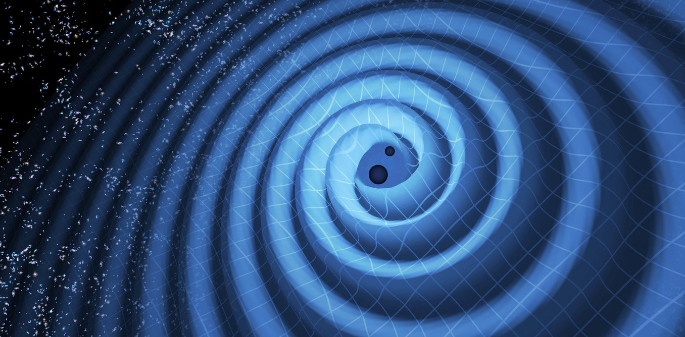 An illustration showing the merger of two black holes and the gravitational waves that ripple outward. - Image Credit: LIGO/T. Pyle